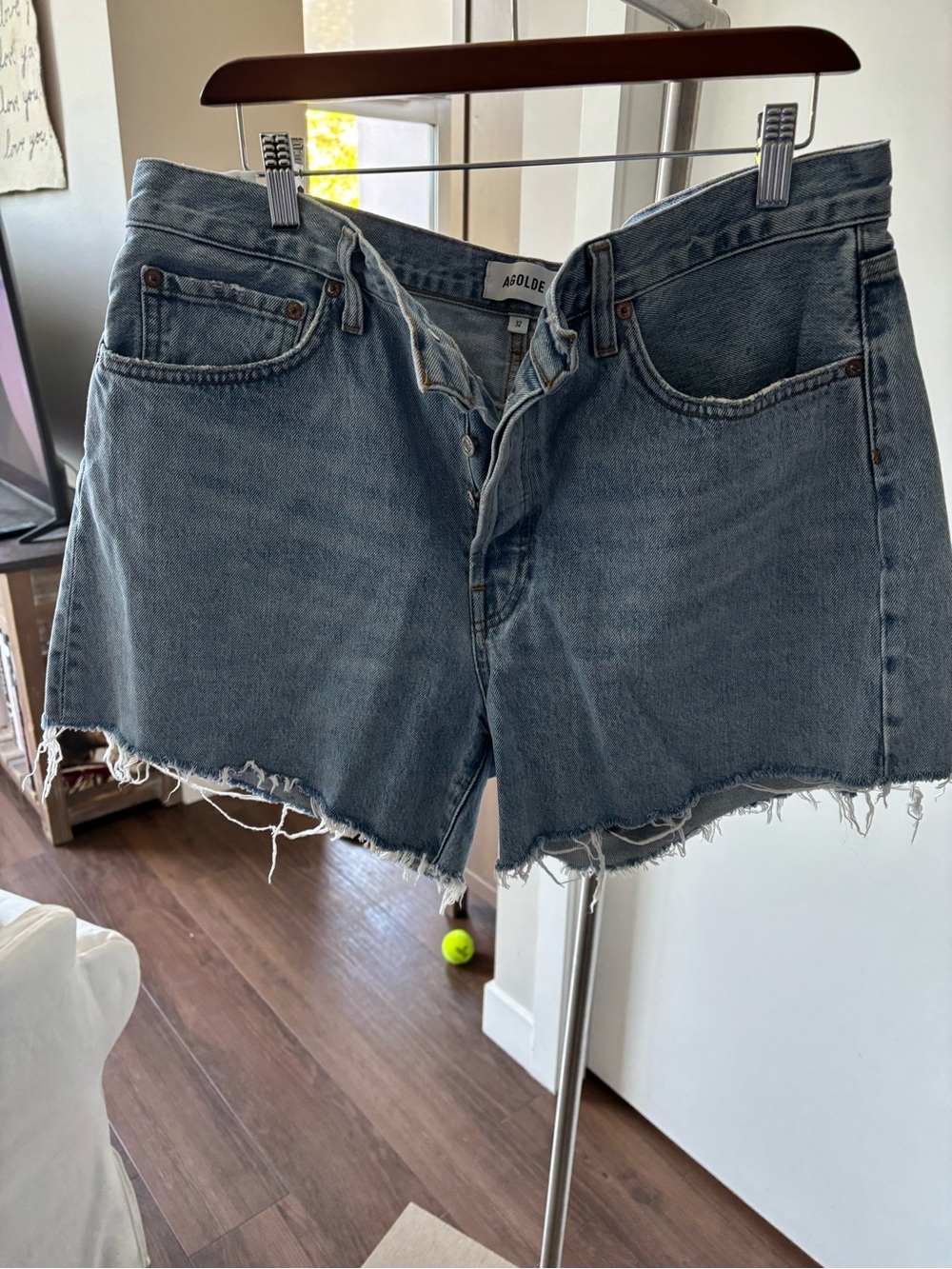 AGOLDE Parker Long Washed Blue High-Rise Raw Hem Denim Shorts